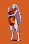  anthro big_breasts blazbaros breasts chinese_clothing chinese_dress clothed clothing dress female fur hi_res lagomorph long_ears looking_at_viewer mammal orange_background rabbit simple_background solo thick_thighs white_fur 