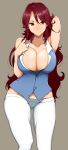  1girl arm_behind_head arm_up armpits bare_arms bare_shoulders blue_vest blush breasts brown_eyes cleavage closed_mouth collarbone commentary_request copyright_request cowboy_shot eyebrows_visible_through_hair gluteal_fold grey_background groin gundam gundam_00 hand_on_own_chest highres large_breasts long_hair looking_at_viewer no_bra nose_blush pants purple_hair simple_background smile solo sumeragi_lee_noriega tokiwa_midori_(kyokutou_funamushi) very_long_hair vest white_pants 