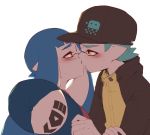  1boy 1girl arm_grab bangs baseball_cap black_headwear blue_hair blue_headwear blunt_bangs blush commentary domino_mask from_side green_hair hat hat_removed headwear_removed hetero holding holding_hat inkling jacket kiss long_hair looking_at_another maimo mask parted_lips pointy_ears print_hat red_eyes simple_background splatoon splatoon_(series) splatoon_2 sweat tentacle_hair white_background yellow_eyes yellow_jacket 