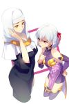  2girls breasts cis05 covered_navel detached_sleeves fate/grand_order fate_(series) finger_to_chin habit hair_ribbon jitome kama_(fate/grand_order) large_breasts multiple_girls red_eyes ribbon sesshouin_kiara short_hair small_breasts smile thighhighs white_hair yellow_eyes 