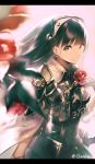  1girl armor black_hair breastplate edo_(oshiro_project) flower garuku hair_ornament highres holding holding_flower long_hair looking_at_viewer oshiro_project oshiro_project_re purple_eyes smile solo twitter_username white_background 