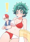  ! 1boy 1girl @ artist_name bare_arms bare_shoulders bikini blue_eyes blue_jacket blush boku_no_hero_academia breasts burn_scar cleavage collarbone commentary_request eyebrows_visible_through_hair freckles genderswap genderswap_(mtf) green_eyes green_hair heterochromia holding holding_innertube innertube jacket large_breasts looking_at_another looking_at_viewer messy_hair midoriya_izuku multicolored_hair navel nightcat red_eyes red_hair scar short_hair solo_focus swimsuit todoroki_shouto two-tone_bikini two-tone_hair white_hair 