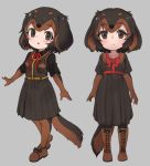  1girl animal_ears black_bow black_gloves black_hair boots bow brown_eyes brown_footwear brown_gloves brown_hair brown_skirt chibi cross-laced_footwear dachshund_(kemono_friends)_(nyifu) dog_ears dog_tail elbow_gloves eyebrows_visible_through_hair full_body gloves grey_background kemono_friends kneehighs lace-up_boots looking_at_viewer multicolored multicolored_clothes multicolored_gloves multicolored_hair multiple_views nyifu original pantyhose short_hair simple_background skirt solo standing tail 