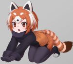  1girl animal_ears black_gloves black_legwear blush brown_eyes eyebrows_visible_through_hair fur_trim gloves kemono_friends lesser_panda_(kemono_friends) long_sleeves looking_at_viewer multicolored_hair nyifu open_mouth orange_hair panda_ears panda_tail pantyhose short_hair solo tail teeth tongue white_hair 