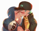 1boy 1girl arm_grab bangs baseball_cap black_headwear blue_hair blue_headwear blunt_bangs blush commentary_request domino_mask eyes_closed facing_another from_side green_hair hat hat_removed headwear_removed hetero holding holding_hat inkling jacket kiss long_hair maimo mask pointy_ears print_hat simple_background splatoon splatoon_(series) splatoon_2 sweat tentacle_hair white_background yellow_jacket 