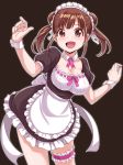  1girl :d apron black_background black_skirt breasts brown_eyes brown_hair cleavage dan_(orange_train) detached_collar double_bun erect_nipples eyebrows_visible_through_hair frilled_apron frilled_skirt frills idolmaster idolmaster_shiny_colors long_hair looking_at_viewer maid_headdress medium_breasts miniskirt open_mouth ribbon ribbon-trimmed_shirt shiny shiny_hair shiny_skin shirt short_sleeves simple_background skirt smile solo sonoda_chiyoko standing thigh_strap twintails waist_apron white_apron white_ribbon white_shirt wrist_cuffs 