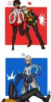  1boy 2girls ass creatures_(company) crotch_kick crotch_stomp femdom game_freak grey_hair heels high_heels highres multiple_girls nintendo ocigart pokemon pokemon_go tamakeri tramble 