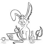  2019 3_fingers alcohol anthro beverage bottle buckteeth chest_tuft computer demon digital_drawing_(artwork) digital_media_(artwork) front_view fur hi_res horn jewelry lagomorph laptop long_ears madlag male mammal pen piercing rabbit reaction_image russian_text signature sitting solo solo_focus spade spade_tail teeth text toony tuft 