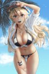  1girl alternate_costume baseball_cap bikini blonde_hair blue_bikini blue_eyes breasts cloud cowboy_shot day front-tie_top hair_between_eyes hat highres iowa_(kantai_collection) kantai_collection kokuzoo large_breasts leaning_forward looking_at_viewer multicolored multicolored_bikini multicolored_clothes navel open_mouth outdoors palm_tree shirt short_sleeves sky solo star star-shaped_pupils swimsuit symbol-shaped_pupils tied_shirt tree white_bikini white_shirt 