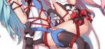  aqua_hair arms_behind_back bdsm black_legwear blue_neckwear bondage bound breasts crotch_rope dress groin highres honkai_(series) honkai_impact_3 lilia_(honkai_impact) long_hair navel necktie open_clothes open_dress pink_hair revealing_clothes rosalia_(honkai_impact) shibari shibari_over_clothes simple_background small_breasts strapless strapless_dress sweat tail thighhighs thighs tied_up very_long_hair white_background white_legwear yiduan_zhu 