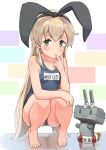  1girl alternate_costume blonde_hair blue_swimsuit blush breasts closed_mouth grey_eyes hair_between_eyes hairband highres kantai_collection long_hair rensouhou-chan school_swimsuit shimakaze_(kantai_collection) short_eyebrows sitting small_breasts soushou_nin swimsuit very_long_hair 