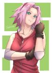  1girl absurdres black_gloves character_name collar gloves green_eyes hairband haruno_sakura highres jacket looking_at_viewer naruto_(series) naruto_shippuuden pink_hair red_hairband red_jacket short_hair sleeveless_jacket smile solo standing upper_body w-moz9-w zipper 