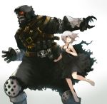  1boy 1girl barefoot belt black_dress blackball commentary dress glowing glowing_eyes monster original red_eyes short_hair simple_background size_difference torn_clothes white_hair 