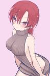  1girl backless_dress backless_outfit bare_arms bare_shoulders bazett_fraga_mcremitz blush breasts butt_crack commentary_request dress eyebrows_visible_through_hair fate/hollow_ataraxia fate_(series) hair_between_eyes highres kamu_(geeenius) large_breasts looking_at_viewer meme_attire mole mole_under_eye naked_sweater pink_background red_hair short_hair simple_background solo sweater sweater_dress turtleneck turtleneck_sweater virgin_killer_sweater 