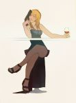  1girl aya_brea bare_shoulders black_dress blonde_hair blue_eyes breasts cleavage cup dress drinking_glass gun handgun high_heels large_breasts legs legs_crossed long_hair no_bra open_clothes open_dress parasite_eve solo thighs weapon wine_glass 