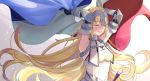  1girl :d absurdly_long_hair armpits arms_up black_gloves blonde_hair breasts chains elbow_gloves eyebrows_visible_through_hair eyes_closed fate/apocrypha fate_(series) flag floating_hair french_flag fur-trimmed_gloves fur_trim gina_61324 gloves highres holding holding_flag jeanne_d&#039;arc_(fate) jeanne_d&#039;arc_(fate)_(all) long_hair medium_breasts open_mouth shiny shiny_hair smile solo upper_body very_long_hair 