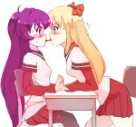  black_legwear blonde_hair blue_eyes blush bow chair commentary desk english_commentary eye_contact eyebrows_visible_through_hair face-to-face food hair_bow hand_holding interlocked_fingers long_hair long_sleeves looking_at_another nanamori_school_uniform pantyhose pleated_skirt pocky pocky_kiss purple_eyes purple_hair red_bow red_skirt rtil school_desk school_uniform shared_food simple_background sitting skirt sugiura_ayano toshinou_kyouko very_long_hair white_background yuri yuru_yuri 