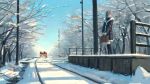  1girl animal bag bird black_legwear blue_eyes blue_sky brown_coat brown_hair clannad coat commentary_request ground_vehicle hairband highres holding holding_bag kneehighs long_hair looking_to_the_side making-of_available outdoors railroad_tracks sakagami_tomoyo scenery sky snow solo standing train tree wide_shot winter_clothes xiaobanbei_milk 