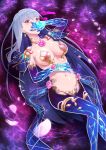  1girl arm_up bangs blue_globes blue_legwear blush breasts collarbone covering_mouth earrings elbow_gloves eyebrows_visible_through_hair fate/grand_order fate_(series) feet_out_of_frame flower glint gloves hair_ribbon hand_on_own_stomach highres jewelry jilu kama_(fate/grand_order) long_hair looking_at_viewer lying medium_breasts navel on_back pasties petals pink_flower pink_ribbon red_eyes ribbon shoulder_pads silver_hair sky solo star_(sky) starry_sky stomach straight_hair very_long_hair 