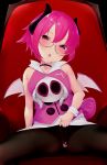  1girl armchair bangs bare_shoulders black-framed_eyewear black_legwear blush censored chair commentary_request crotch_seam curled_horns demon_girl demon_horns demon_wings disgaea fang glasses hair_between_eyes head_tilt heart heart_censor highres horns lifted_by_self makai_senki_disgaea_3 mini_wings on_chair pantyhose parted_lips pink_hair pink_shirt purple_eyes raspberyl ratsuku_kinoko semi-rimless_eyewear shirt short_hair sitting skirt skirt_lift sleeveless sleeveless_shirt solo spread_legs under-rim_eyewear white_skirt white_wings wings wrist_cuffs 