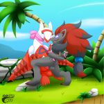  ambiguous_gender balls black_fur claws detailed_background dragon female fur hair hi_res island latias legendary_pok&eacute;mon makoto177 male male/female mind_control nintendo palm_trees penis pok&eacute;mon pok&eacute;mon_(species) pussy red_claws red_hair sex video_games watermark wings zoroark 