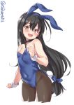  1girl :d animal_ears black_hair black_legwear blue_leotard blush breasts brown_eyes bunny_ears bunny_girl bunny_tail bunnysuit covered_navel cowboy_shot cropped_legs ebifurya eyebrows_visible_through_hair fake_animal_ears hair_between_eyes hairband hatsushimo_(kantai_collection) highres kantai_collection leotard long_hair low-tied_long_hair open_mouth pantyhose simple_background small_breasts smile solo tail very_long_hair white_background wrist_cuffs 