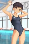 1girl absurdres asics black_eyes black_hair black_swimsuit blurry clock collarbone competition_swimsuit cowboy_shot depth_of_field flat_chest highres holding holding_hair indoors looking_at_viewer one-piece_swimsuit one-piece_tan original pool rubber_band short_hair solo standing swimsuit takafumi tan tanline 