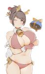  1girl bangs bare_shoulders bell bikini black_hair blush bow breasts cleavage collar collared_bikini cowboy_shot drone erect_nipples eyebrows_visible_through_hair fur_trim gaoerji gloves grey_eyes hair_bun hairband highres large_breasts mei_(overwatch) navel one_eye_closed orange_bow overwatch red_bikini red_gloves robot sideboob simple_background snowball_(overwatch) solo swept_bangs swimsuit white_background yellow_bow 