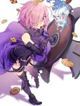  1girl absurdres animal armor armored_dress bare_shoulders black_dress black_legwear breasts commentary_request cookie dress fate/grand_order fate_(series) food fou_(fate/grand_order) fur gauntlets hair_over_one_eye highres holding holding_cookie holding_food large_breasts lavender_hair looking_at_viewer mash_kyrielight o0baijin0o purple_eyes purple_hair shield short_hair simple_background smile solo white_background 