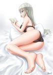  1girl absurdres ass bare_arms bare_legs bare_shoulders barefoot bed black_bra black_panties blue_eyes blush book bra breasts cameltoe closed_mouth eyebrows eyebrows_visible_through_hair feet female full_body grey_hair highres kayama_kouji large_breasts legs lingerie long_hair lying mahou_shoujo_tokushusen_asuka mole mole_under_eye monochrome_background on_bed on_side ootorii_asuka open_mouth panties pillow reading shiny shiny_hair shiny_skin simple_background solo toes underwear underwear_only white_background 