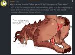  2018 2019 anthro anus backsack balls bethesda bethesda_softworks big_butt blush butt deathclaw digital_media_(artwork) enlish_text erection fallout hi_res looking_at_viewer looking_back male nude open_mouth penis presenting presenting_hindquarters reptile roly scalie simple_background smile solo sweat thick_thighs tongue video_games 