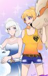  2girls alolan_ninetales arcanine blonde_hair blue_eyes breasts creatures_(company) crossover game_freak gen_1_pokemon large_breasts multiple_girls ninetales nintendo pokemon ponytail rwby smile violet_eyes weiss_schnee white_hair yang_xiao_long 