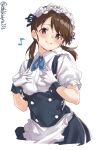  1girl alternate_costume apron black_dress blue_neckwear breasts brown_eyes brown_hair collared_dress cowboy_shot dress ebifurya enmaided frilled_sleeves frills gloves hair_flaps hands_on_own_chest highres kantai_collection looking_at_viewer maid musical_note neckerchief puffy_short_sleeves puffy_sleeves shirayuki_(kantai_collection) shirt short_hair short_sleeves short_twintails small_breasts smile solo spoken_musical_note twintails twitter_username waist_apron white_background white_gloves white_shirt 