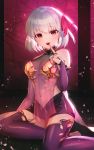  1girl commentary_request dolce_(dolsuke) earrings eyebrows_visible_through_hair fate/grand_order fate_(series) hair_ribbon highres index_finger_raised jewelry kama_(fate/grand_order) looking_at_viewer navel open_mouth petals purple_legwear red_eyes red_ribbon ribbon see-through short_hair sitting smile solo teeth thighhighs white_hair yellow_earrings 