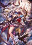  1girl alice_in_wonderland animal_ears bird breasts bunny_ears card castle clock full_moon highres long_hair looking_at_viewer luminous moon open_mouth original playing_card red_eyes silver_hair skull smile solo tail 