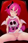  1girl armchair bangs bare_shoulders black-framed_eyewear blush censored chair curled_horns demon_girl demon_horns demon_wings disgaea fang glasses hair_between_eyes head_tilt heart heart_censor highres horns lifted_by_self makai_senki_disgaea_3 mini_wings no_panties on_chair parted_lips pink_hair pink_shirt purple_eyes pussy raspberyl ratsuku_kinoko semi-rimless_eyewear shirt short_hair sitting skirt skirt_lift sleeveless sleeveless_shirt solo spread_legs under-rim_eyewear white_skirt white_wings wings wrist_cuffs 