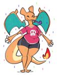  2019 4_fingers aimbot-jones anthro belly breasts charizard claws clothing confetti dragon eyes_closed female fire front_view gym_shorts happy hi_res membranous_wings nintendo overweight overweight_female party_horn pok&eacute;mon pok&eacute;mon_(species) reptile scalie shirt shorts sketch smile solo standing thick_thighs valentina_(aimbot-jones) video_games wide_hips wings 