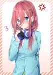  1girl :t absurdres anger_vein arm_behind_back blue_cardigan blue_hair blush border breasts closed_mouth commentary_request go-toubun_no_hanayome hair_between_eyes highres large_breasts long_hair long_sleeves looking_at_viewer nakano_miku nari_(narikashi) number pout purple_hair school_uniform shirt sidelocks simple_background solo striped_border upper_body white_background white_shirt 