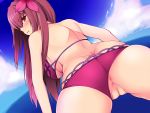  1girl akaneman alternate_costume anus ass bent_over bikini blush breasts butt_crack cloud day fate/grand_order fate_(series) flower hair_flower hair_intakes hair_ornament hibiscus highres large_breasts looking_at_viewer looking_back ocean outdoors purple_bikini purple_hair pussy red_eyes scathach_(fate)_(all) scathach_(fate/grand_order) scathach_(swimsuit_assassin)_(fate) sky slit_pupils smile spread_legs swimsuit swimsuit_aside 