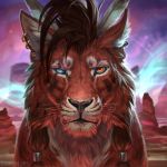  2019 blind brown_hair canyon caraid detailed_background digital_media_(artwork) ear_piercing ear_ring feathers felid feral final_fantasy final_fantasy_vii fur hair hi_res inner_ear_fluff looking_at_viewer male mammal mohawk outside piercing red_fur red_xiii scar solo square_enix tattoo video_games whiskers white_fur 