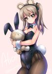  1girl alternate_costume animal_ears bandage bandage_over_one_eye bangs bare_shoulders bear_ears black_leotard blush boko_(girls_und_panzer) bow bowtie breasts brown_eyes brown_hair bunny_ears bunny_tail bunnysuit character_name covered_navel detached_collar eyebrows_visible_through_hair fishnet_pantyhose fishnets girls_und_panzer hair_between_eyes hair_ribbon hairband highleg highleg_leotard holding holding_stuffed_animal kamogawa_tanuki leotard looking_at_viewer one_side_up pantyhose pink_background ribbon shimada_arisu shiny shiny_hair shiny_skin side-tie_leotard signature simple_background small_breasts smile solo stuffed_animal stuffed_toy tail teddy_bear twitter_username wrist_cuffs 