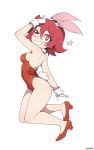  1girl animal_ears breasts bunny_ears bunnysuit gloves high_heels legs little_witch_academia red_hair shiny_chariot short_hair solo wink 