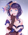  1girl :d asaka_karin bangs bare_shoulders black_gloves blue_eyes blue_headwear blush breasts cleavage dated eyebrows_visible_through_hair flower gloves hair_ornament jewelry kanucone large_breasts looking_at_viewer love_live! love_live!_school_idol_project necklace open_mouth purple_hair short_hair smile solo twitter_username upper_body 