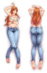  1girl ass back backboob bare_shoulders barefoot bikini_top breasts denim fingernails from_behind highres jeans large_breasts long_fingernails long_hair looking_at_viewer lying nami_(one_piece) on_back on_stomach one_piece orange_eyes orange_hair pants shinkaui shiny shiny_clothes shiny_hair shiny_skin smile solo tattoo very_long_hair 