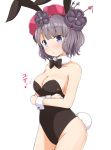  1girl :o aikawa_ryou animal_ears arms_under_breasts bare_arms bare_shoulders black_bow black_flower blue_eyes blush bow breasts bunny_ears bunny_tail bunnysuit cleavage collarbone commentary_request dot_nose eyebrows_visible_through_hair fate/grand_order fate_(series) flower hair_flower hair_ornament heart highres katsushika_hokusai_(fate/grand_order) large_breasts looking_at_viewer red_flower red_heart short_hair simple_background solo tail translation_request white_background wrist_cuffs 
