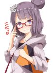  1girl aikawa_ryou alternate_costume blue_eyes breasts collarbone commentary_request dot_nose eyebrows_visible_through_hair fate/grand_order fate_(series) glasses hair_ornament hairclip highres holding katsushika_hokusai_(fate/grand_order) long_sleeves looking_at_viewer short_hair simple_background small_breasts smile solo textbook translation_request upper_body white_background 