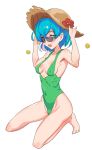  1girl aqua_eyes aqua_hair bare_shoulders barefoot blush breasts casual_one-piece_swimsuit covered_navel erect_nipples hagoromo_lala hair_ornament hat kneeling looking_at_viewer medium_breasts one-piece_swimsuit ontaros open_mouth pointy_ears precure shiny shiny_hair shiny_skin short_hair simple_background smile solo star_twinkle_precure straw_hat sunglasses swimsuit white_background 