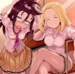  2girls awkward black_hair blonde_hair blush breasts chair desk eyebrows green_eyes hair_between_eyes hair_ribbon highres kuroki_tomoki kuroki_tomoko long_hair multiple_girls necktie okada_akane ribbon school school_desk school_uniform shirt sitting skirt smiley_face thighs tomato_cyuki watashi_ga_motenai_no_wa_dou_kangaetemo_omaera_ga_warui! window 