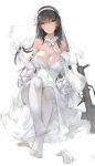  1girl absurdres assault_rifle bangs between_breasts black_hair blunt_bangs breasts bridal_veil bullpup cleavage commentary_request dress elbow_gloves feet fingerless_gloves flower full_body girls_frontline gloves gun hair_flower hair_ornament hairband high_heels highres holding holding_hair jewelry large_breasts long_hair looking_at_viewer pantyhose qbz-95 qbz-95_(girls_frontline) rifle ring shoes_removed simple_background sitting solo veil weapon wedding_band wedding_dress white_background white_dress white_footwear white_gloves white_hairband white_legwear xie_yizhen yellow_eyes 