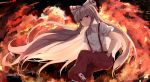  1girl artist_name black_background bow commentary_request expressionless eyebrows_visible_through_hair fiery_background fire fujiwara_no_mokou hair_between_eyes hair_blowing hair_bow hands_in_pockets highres leg_lift long_hair looking_at_viewer ofuda pants pink_hair red_eyes red_pants shirt short_sleeves snozaki solo suspenders thick_thighs thighs title touhou very_long_hair white_shirt 
